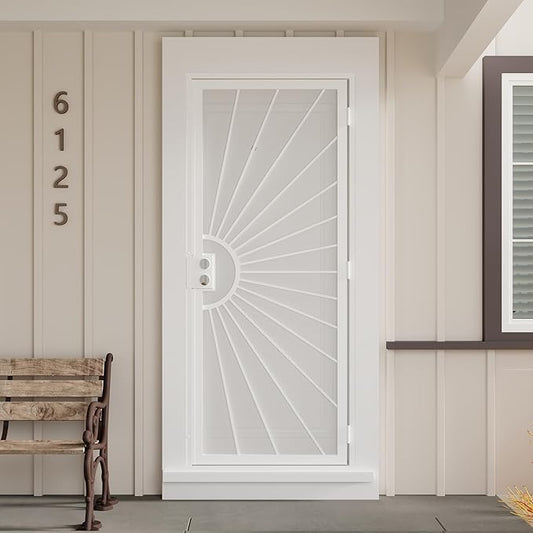 JUBEST 32 in. x 80 in. Security Door, Exterior Front Entry Door, Outswing Steel Security Door with Perforated Metal Screen, Powder Coated White, Lock Not Include
