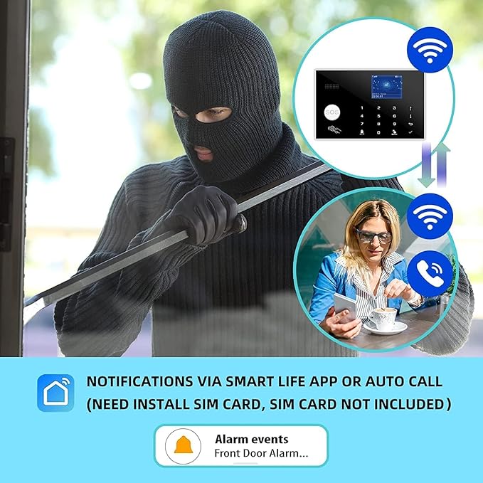 WiFi and 3/4G GSM Home Burglar Security Alarm System Auto Dial with Smart Life and Tuya App Alert, Works with Google Assistant and Alexa