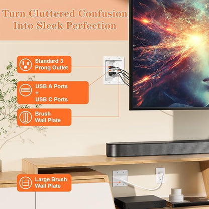 in Wall Cable Management Kit with Brush Wall Plate,AC Outlets & USB-A+USB-C Ports,9ft Cord,Hide Cords Recessed Wall Outlet for TV Cable Management,HDMI Cables and Home Theater Systems