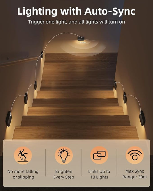 EZVALO 6 Pack Motion Sensor Night Lights, Sync LED Stair Lights Indoor, 1500mAh Rechargeable, Magnetic & Dimmable, 3000K Soft White, Portable Nightlight for Hallway, Stairs, Bathroom, Bedroom (Black)