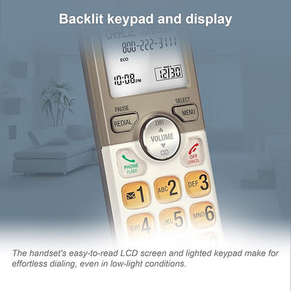 AT&T EL52213 2-Handset Cordless Phone with Digital Answering System, Extra-Large Backlit Keys, Caller ID/Call Waiting, DECT 6.0, Expandable, Speakerphone – Light Champagne