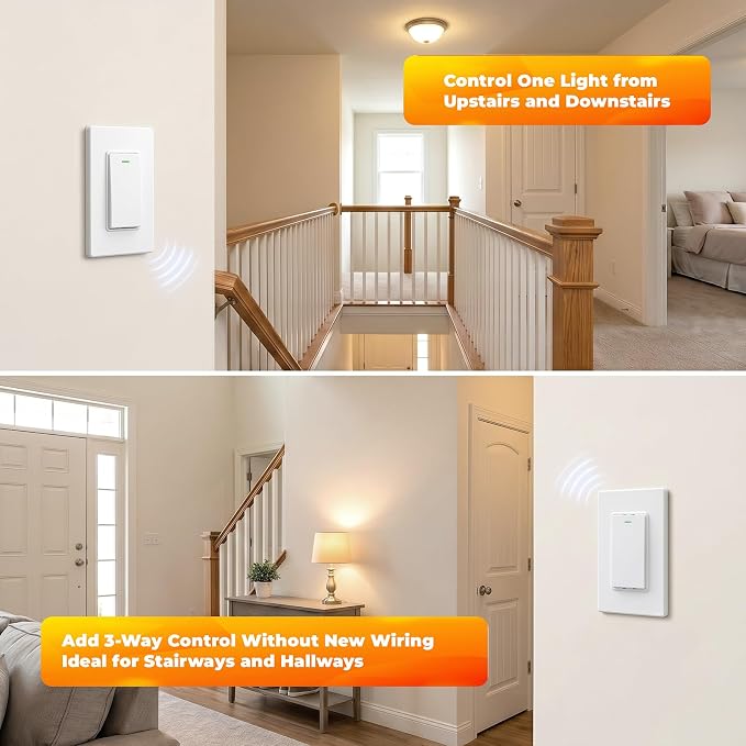 Wireless Remote Light Switch Kit, 2 Switches + 1 Receiver, Battery-Free Wireless Wall Switch, No New in-Wall Wiring, No Wi-Fi, for Stairs, Hallway, Bedroom