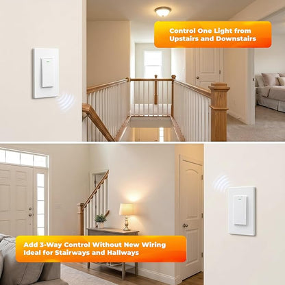 Wireless Remote Light Switch Kit, 2 Switches + 1 Receiver, Battery-Free Wireless Wall Switch, No New in-Wall Wiring, No Wi-Fi, for Stairs, Hallway, Bedroom