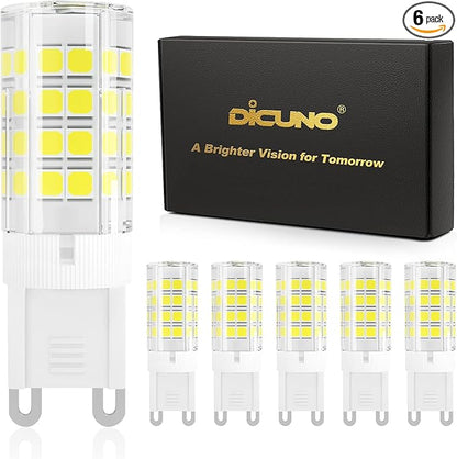 DiCUNO G9 LED Light Bulb 4W, 40W Halogen Replacement, Daylight White 6000K, 450 Lumen, G9 Bi-Pin Ceramic Base Bulb, 120V, Non-dimmable, for Chandelier Lighting, Pendant Light, 6-Pack
