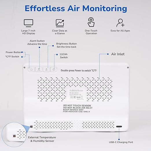Fil-Fresh 16 in 1 Air Quality Monitor Indoor, CO2 Monitor Air Quality Tester with 9 Display+7 AQI Alerts for CO2, TVOC, HCHO, PM2.5, PM1.0, PM10, Time, Temperature, Humidity Meter, 7" Large Display