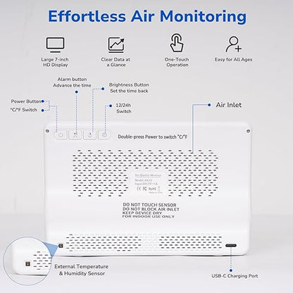 Fil-Fresh 16 in 1 Air Quality Monitor Indoor, CO2 Monitor Air Quality Tester with 9 Display+7 AQI Alerts for CO2, TVOC, HCHO, PM2.5, PM1.0, PM10, Time, Temperature, Humidity Meter, 7" Large Display