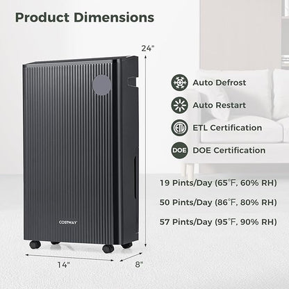 COSTWAY 4,500 Sq. Ft Dehumidifier for Basement, 3-Color Humidity Indicator, Dry Clothes Mode, 12" Drain Hose & Wheels, 57 Pints Dehumidifier for Large Room (Black)