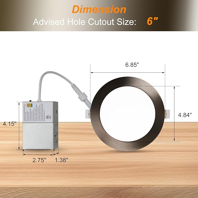 ZYC Recessed Lighting 6 Inch - 12W 1100LM LED Recessed Ceiling Light with Night Light,2700K/3000K/4000K/5000K/6000K Selectable Ultra-Thin Lighting,Dimmable Canless Wafer Downlight,Pack of 6（Bronze）.