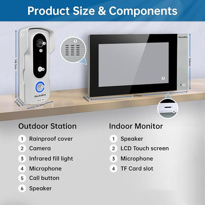 Video Intercom System, 7 Inches Touch Screen Video Doorbell with Monitor, Video Camera Kits Support Unlock, Monitoring, Wire Connection Dual-Way for Villa Office Apartment (APP with WiFi)