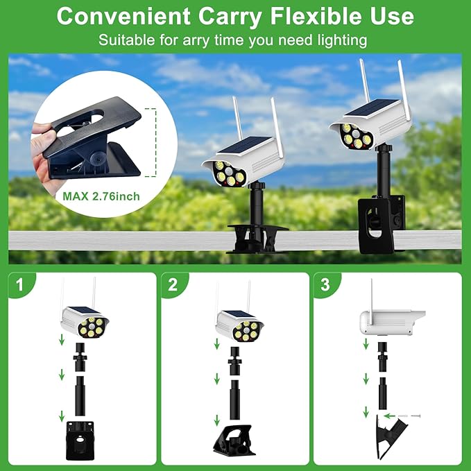 Tryme 2 Pack Fake Security Camera Solar Light with Flashing Red LED Clip-On Adjustable Dummy CCTV, 500 Lumen, 3 Modes & Motion Sensor for Porch, Yard, Garage (No Drill, Wireless)