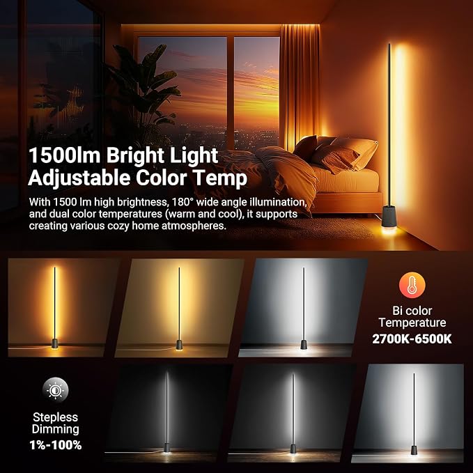 NEEWER NF06 RGB IC CW Smart Floor Lamp, 1500lm LED Standing Corner Light Compatible with Google and Alexa, APP/AI Design/Music Sync/16 Million Color Ambient Lighting, Living Room Bedroom Home Decor