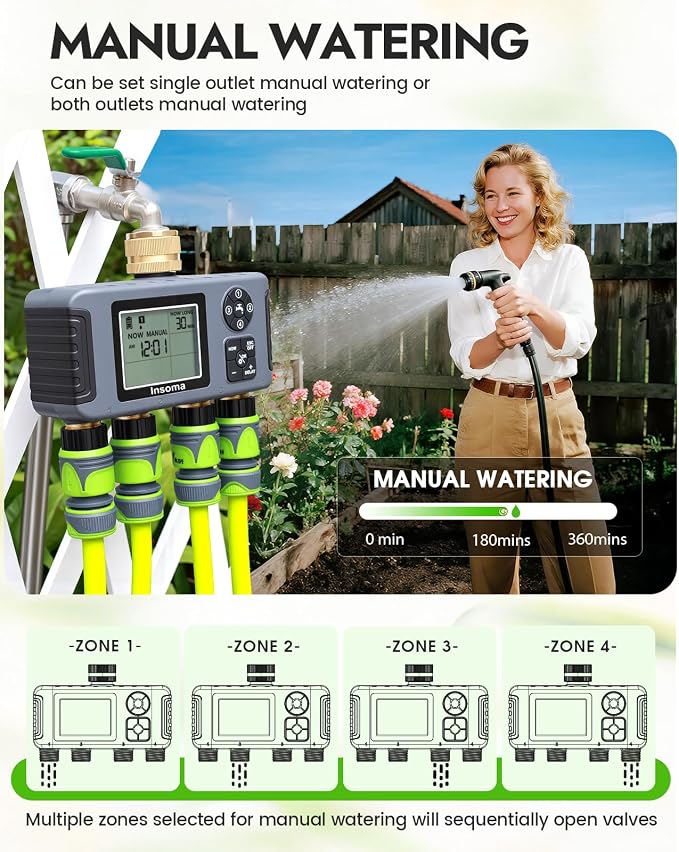 Insoma 4-Zone Water Timer for Garden Hose, Brass Inlet & Outlet | 4 Independent Zones, Programmable Schedules, Rain Delay/Manual Mode, IPX5 Waterproof, Large Display, for Garden, Lawn