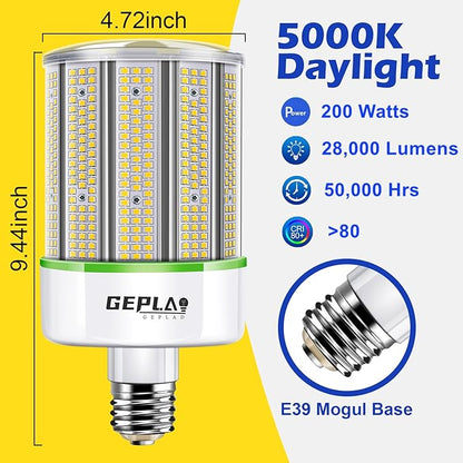 GEPLAD 2-Pack 200W LED Corn Bulb, E39 Mogul Base, 28,000 Lumens, 5000K Daylight, Non-Dimmable for Street, Garage, Warehouse, High Bay Lighting