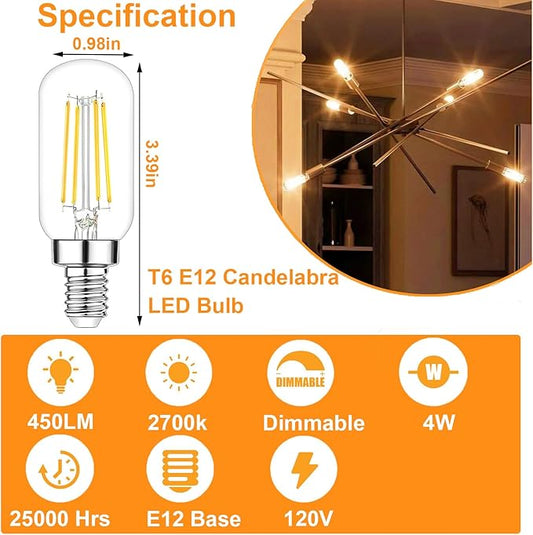 T6 E12 Candelabra Bulb LED, 4 Pack Dimmable Flicker-Free E12 LED Bulb 40w Equl 4W, 2700K Warm White Candelabra Light Bulbs T6/T25 Long Lasting E 12 Edison Light Bulbs for Chandeliers, Pendant