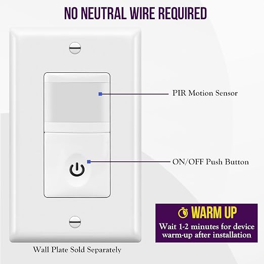 ENERLITES PIR Motion Sensor Switch, No Neutral, 5A/500W, Single Pole, White
