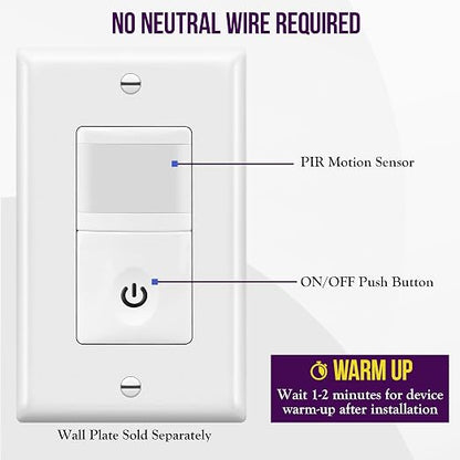 ENERLITES PIR Motion Sensor Switch, No Neutral, 5A/500W, Single Pole, White
