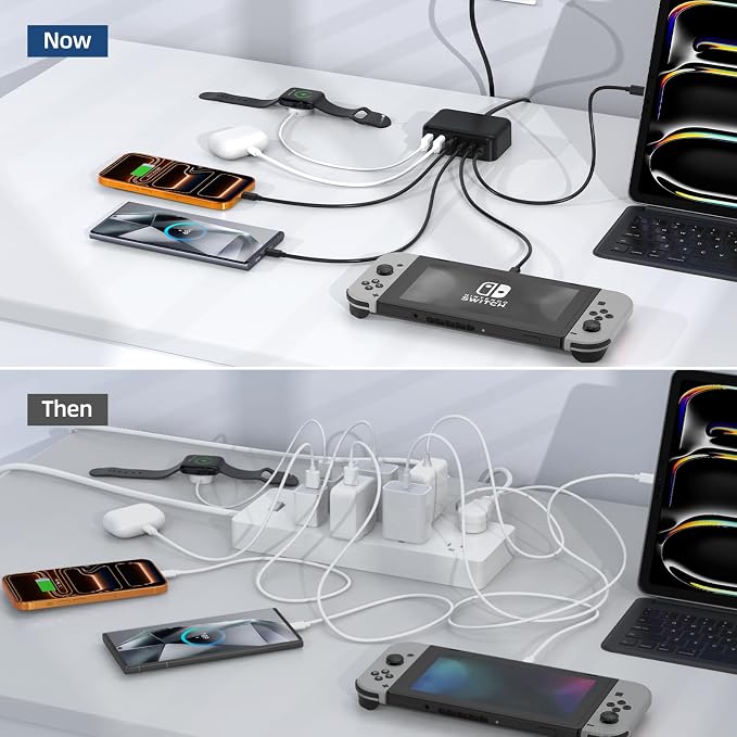 100W 6 in 1 USB Charger, 50% Smaller Charging Station for Multiple Devices | Fast Charging Blocks with Type C Port, USB Charging Hub Organizer Multiport Power Strip for iPhone,Samsung,Ipad,Kindle,Travel