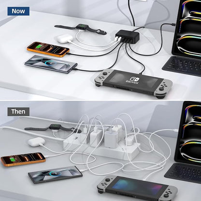 100W 6 in 1 USB Charger, 50% Smaller Charging Station for Multiple Devices | Fast Charging Blocks with Type C Port, USB Charging Hub Organizer Multiport Power Strip for iPhone,Samsung,Ipad,Kindle,Travel
