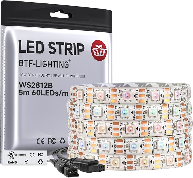 BTF-LIGHTING WS2812B IC RGB LED Strip,UL Listed,Pure Gold Wires,DC5V 16.4FT 300LED 5050SMD,Individually Addressable,Flexible for DIY Chasing Full Color Project,3M Tape,IP65(No Adapter or Controller)