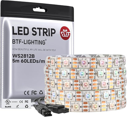 BTF-LIGHTING WS2812B IC RGB LED Strip,UL Listed,Pure Gold Wires,DC5V 16.4FT 300LED 5050SMD,Individually Addressable,Flexible for DIY Chasing Full Color Project,3M Tape,IP65(No Adapter or Controller)