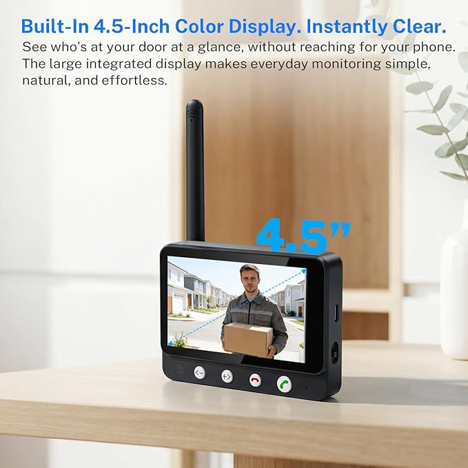 Wireless Doorbell Camera Video Monitor with Display 4.5" Screen Indoor Visual Base Station, Two Way Talk, Smart AI Motion Detection, Night Vision, Cloud Storage.