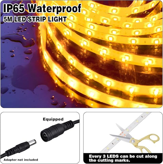iNextStation 12V LED Light Strip IP65 Waterproof Yellow LED Strip Lights 16.4ft/5m Cuttable 300 SMD 2835 LED Tape Flexible Led Lights for Bedroom Outdoor Indoor Decor (Power Adapter not Included)