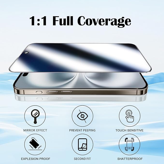 2 Pack Privacy Screen Protector for iPhone 16 Plus Mirrored Tempered Glass Film for iPhone 16Plus 6.7inch Anti Spy Mirror Effect with Easy Installation Alignment Frame (Silver)