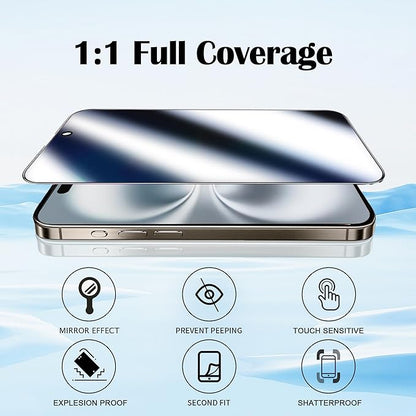 2 Pack Privacy Screen Protector for iPhone 16 Plus Mirrored Tempered Glass Film for iPhone 16Plus 6.7inch Anti Spy Mirror Effect with Easy Installation Alignment Frame (Silver)