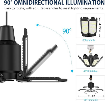 BRAINIAC LED Garage Light Bulb 150W 15000LM Deformable Garage Lights Ceiling led with 6 Adjustable Panels, E26/E27 Screw in Shop Lights for Basement Barn Porch