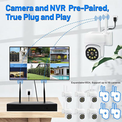 6-Cameras Wireless Outdoor Security System with 10CH NVR, 3MP HD Indoor CCTV AI Human Detection, 4 Night Vision, PTZ Control, 2-Way Audio, 1TB HDD, No Monthly Fee for Home Surveillance