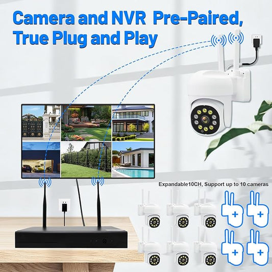 6-Cameras Wireless Outdoor Security System with 10CH NVR, 3MP HD Indoor CCTV AI Human Detection, 4 Night Vision, PTZ Control, 2-Way Audio, 1TB HDD, No Monthly Fee for Home Surveillance