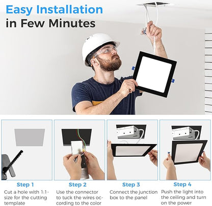 HONZIN 4 Pack 12 Inch Square Recessed Lighting, 5CCT Ultra-Thin LED Downlight, 2700K/3000K/3500K/4000K/5000K Selectable, Dimmable, 24W, IC Rated Canless Ceiling Lights with Junction Box, Black Trim