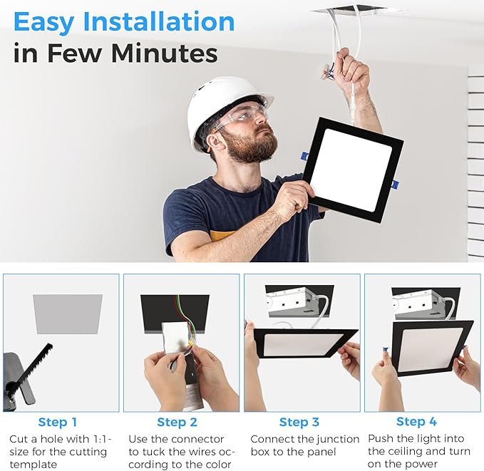 HONZIN 12 Pack 4 Inch Square Recessed Lighting, 5CCT Ultra Thin Square Recessed LED Downlight with Junction Box, 2700K/3000K/3500K/4000K/5000K Selectable, Dimmable,12W, Canless IC Rated, Black Trim