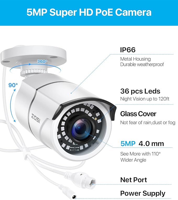 ZOSI ZG2615E 5MP POE Security Waterproof Bullet Camera with Night Vision for Outdoor Indoor Power Over Ethernet Surveillance System (Only work with ZOSI PoE NVR, Model: ZR16DK, ZR08EN, ZR08DN, ZR08PN)