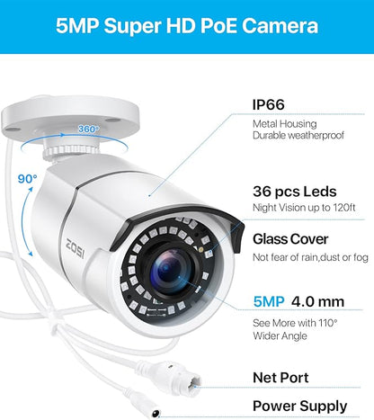 ZOSI ZG2615E 5MP POE Security Waterproof Bullet Camera with Night Vision for Outdoor Indoor Power Over Ethernet Surveillance System (Only work with ZOSI PoE NVR, Model: ZR16DK, ZR08EN, ZR08DN, ZR08PN)