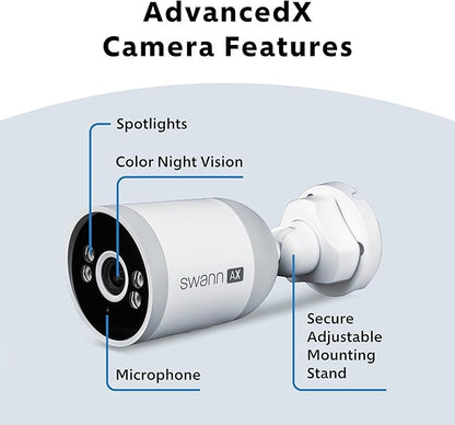 Swann AdvancedX 4K Wired NVR Security Camera System, 16 Channels, 8 Outdoor PoE Cameras, 2TB Hard Drive Storage, Color Night Vision, Video Analysis (8 Bullet Cameras 16 Channel NVR 8MP 2TB HDD)