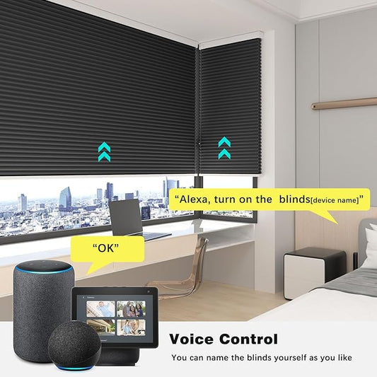 Changshade Motorized Cellular Shades Remote Control Blackout Room Darkening for Indoor Windows, Custom Size Smart Honeycomb Blinds Electric Automatic Solar Panel Work with Alexa, Google Home, Black