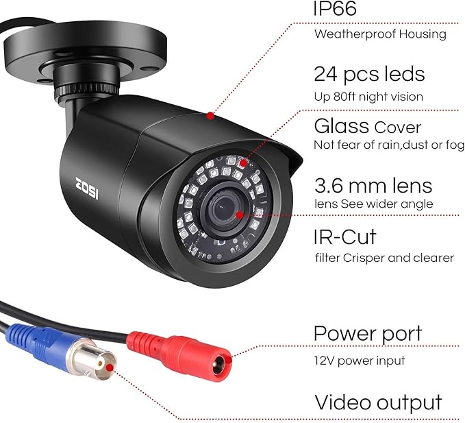 ZOSI 1080P 4 Pack HD TVI Security Cameras, 80ft Night Vision, Outdoor Indoor Weatherproof Bullet Camera for 1080P/5MP/4K HD TVI Analog CCTV DVR System (Renewed)