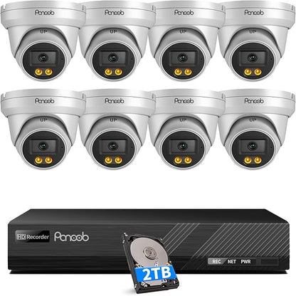 PoE Security Camera System, 8Pcs 5MP Wired IP Cameras with Audio, Smart Color Night Vision & AI Person Vehicle Detection, Remote Access, 8 Channel 4K NVR with 2TB HDD, PD93BA0808-5MD-1