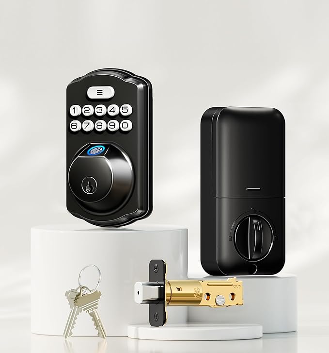 Veise KS02A Fingerprint Keyless Entry Door Lock, Auto Lock, Electronic Keypad Deadbolt for Front Door, Biometric, Anti-Peeping Password, Easy Install, Matte Black
