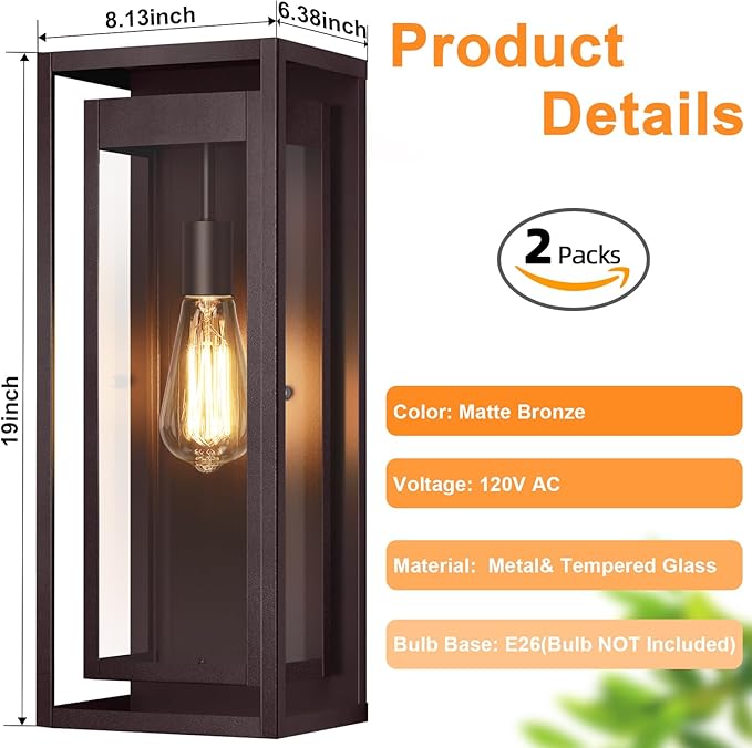 19" Bronze Outdoor Light Fixture, 2 Pack Large Size Outdoor Sconce Lights with Clear Glass Shade, Waterproof Porch Lighting Exterior Light Fixture for Front Door, Garage