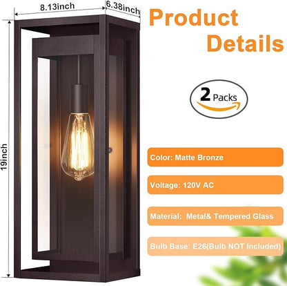 19" Bronze Outdoor Light Fixture, 2 Pack Large Size Outdoor Sconce Lights with Clear Glass Shade, Waterproof Porch Lighting Exterior Light Fixture for Front Door, Garage