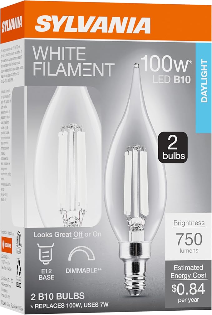 Sylvania B10 Clear LED White Filament Bulb, 7W, Dimmable, 750 LMS, Candelabra Base, 5000K, Daylight - 2 Pack (42261)