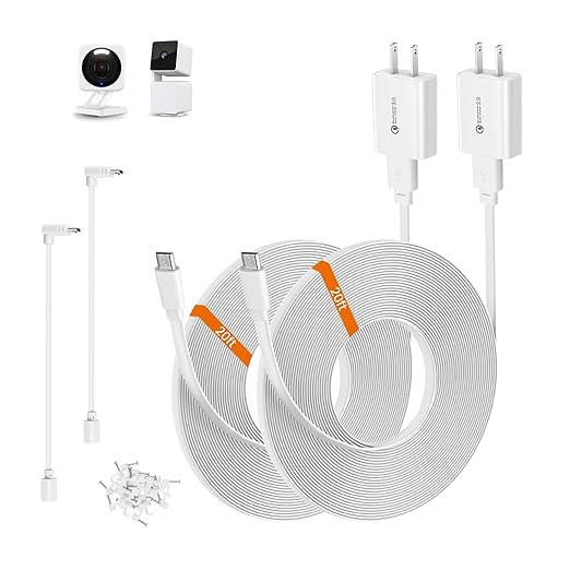 2-Pack 30ft Power Cable for Wyze Cam v4,Wyze Cam Pan v3,Wyze OG,Wyze Cam v3 Pro Security Cameras - 9m Long Flat Extension Micro USB Charging Cord with L-Shaped Short Adapter & 18W Fast Charger, White