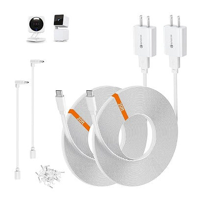 2-Pack 30ft Power Cable for Wyze Cam v4,Wyze Cam Pan v3,Wyze OG,Wyze Cam v3 Pro Security Cameras - 9m Long Flat Extension Micro USB Charging Cord with L-Shaped Short Adapter & 18W Fast Charger, White