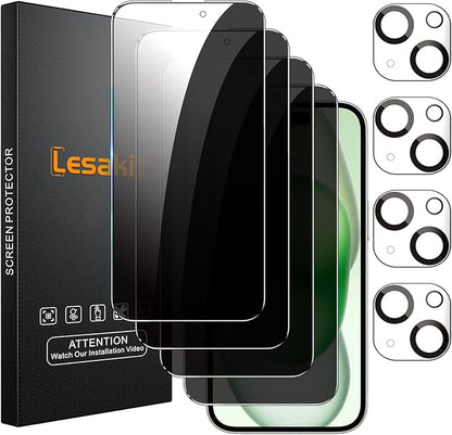 Lesakit 4+4 Pack Privacy Screen Protector for iPhone 15 6.1-Inch with 4 Pack Camera Lens Protector, Anti Spy Tempered Glass Film 9H Hardness Case Friendly