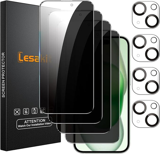 Lesakit 4+4 Pack Privacy Screen Protector for iPhone 15 6.1-Inch with 4 Pack Camera Lens Protector, Anti Spy Tempered Glass Film 9H Hardness Case Friendly