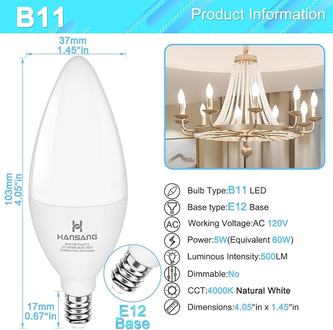 LED E12 Chandelier Light Bulbs, Type B Light Bulbs 5W (60W Equivalent), Natural White 4000K Candelabra LED Light Bulbs, E12 Light Bulb 500LM, Non-Dimmable B11 Ceiling Fan Light Bulb, 8 Pack