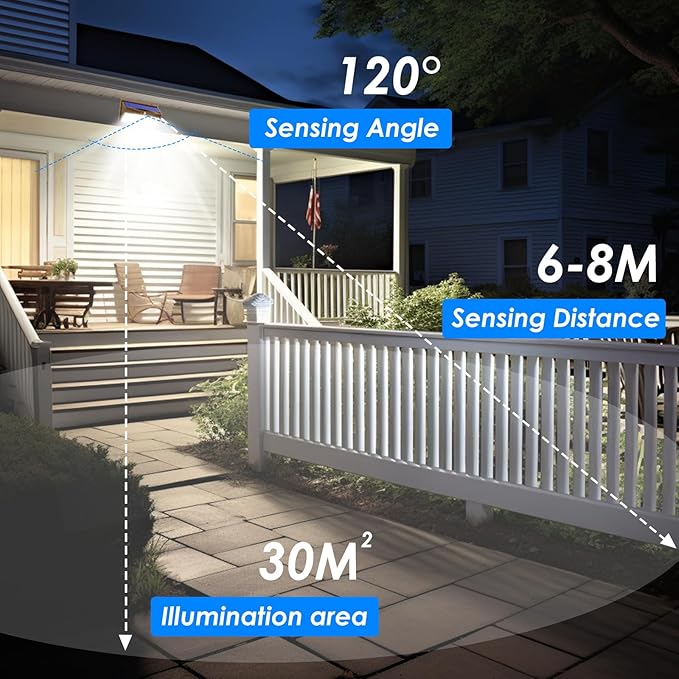 368 LED Solar Lights Outdoor Motion Sensor, Solar Fence Light with 3 Lighting Modes, Solar Powered Security Lights Waterproof for Outside Yard Wall Garden Backyard，Brown