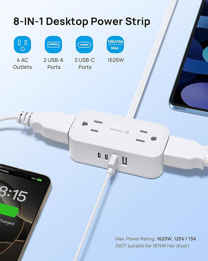 TROND 360° Rotating Flat Plug Power Strip, 1.5FT Extension Cord with 4 USB Ports, 4 Wide Spaced AC Outlets, Wall Mount, 900J Surge Protector for Office Travel Dorm Room Essentials, White